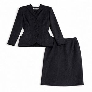 Vicky Tiel Blazer XS Skirt Suit Set Black Textured Career Women's